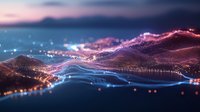 Abstract digital landscape with glowing particles and flowing light trails creating futuristic mountain terrain in pink and blue tones against dark background.