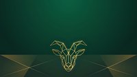 Geometric gold ram head with horns on dark teal background, modern minimalist line art design for luxury branding, corporate identity, and contemporary decor.