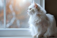 White fluffy cat sitting on windowsill gazing outside during winter snowfall, soft natural lighting creates dreamy atmosphere for pet photography and seasonal mood.