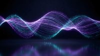 Glowing purple and teal digital wave lines flow on dark background with reflective surface, evoking data, sound, or energy concepts.