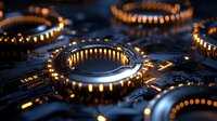 Glowing electronic circuit board with illuminated components and warm LED lights creating futuristic technology atmosphere for modern digital designs.