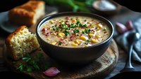 Creamy potato soup with bacon bits and fresh herbs served in black bowl with crusty bread on rustic wooden board for comfort food dining.
