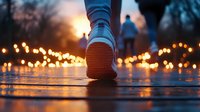 Close-up of white sneaker walking on wet pavement at sunset with glowing bokeh lights creating magical atmosphere, people silhouettes in background.