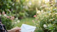 White envelope held in hand outdoors among blooming flowers and green foliage, suitable for mail, correspondence, and garden messaging concepts.