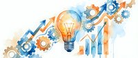 Lightbulb with gears and upward arrows representing innovation, growth and business success in watercolor style on white background.