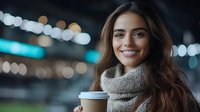 Young woman with long brown hair wearing cozy sweater holding coffee cup smiling at camera with blurred city lights bokeh background at night.