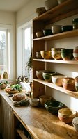 Wooden open shelving unit displaying collection of ceramic bowls and pottery in warm earth tones, styled kitchen pantry with natural light from window, rustic home decor and tableware organization.