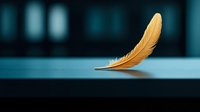Single golden feather floating gracefully against dark teal background with soft bokeh lights, creating minimalist composition with dramatic lighting effect.