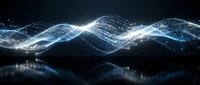 Digital wave pattern with glowing particles flowing across dark background creating dynamic energy visualization for technology and data concepts.