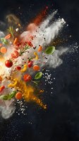 Colorful spices and fresh vegetables exploding in dynamic motion with flour dust clouds on dark background for culinary and cooking concepts.