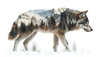 Gray wolf silhouette filled with winter mountain landscape, snowy peaks, and pine forest scene, double exposure effect on white background for wildlife art.
