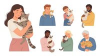 Happy pet owners holding and cuddling their beloved cats and dogs, showing affection and companionship between humans and domestic animals.
