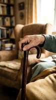 Elderly person's weathered hands gripping wooden walking cane in cozy home library setting with warm natural lighting and comfortable armchair.
