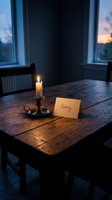Rustic wooden table with a lit candle in brass holder and a handwritten sorry note card at dusk, evoking apology and emotion.