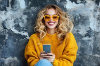 Young blonde woman in yellow sweater and sunglasses smiling while using smartphone against textured gray wall background. Casual lifestyle portrait.