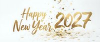 Happy New Year 2027 greeting with gold script text and scattered confetti stars on white background, suitable for holiday cards, social media posts, and festive celebrations.