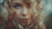 Young woman with blonde curly hair and intense blue eyes in soft focus portrait with dreamy atmospheric lighting and bokeh background.