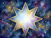 Golden eight-pointed star glowing against cosmic nebula background with sparkles and stardust for spiritual meditation and celestial design projects.