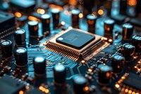 Microprocessor on circuit board with glowing orange bokeh lights and capacitors, macro photography showing electronic components in dramatic lighting.