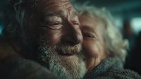 Elderly man with gray beard sleeping peacefully in bed with soft lighting creating warm intimate atmosphere for healthcare and wellness concepts.