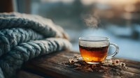 Steaming hot tea in glass mug with cozy knitted blanket on rustic wooden surface creating warm autumn atmosphere for relaxation and comfort.