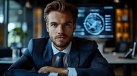 Professional businessman in navy suit sitting at modern office desk with futuristic holographic display technology in background for corporate presentations.