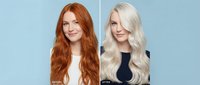 Hair transformation before and after showing redhead woman becoming platinum blonde with long wavy hairstyle for beauty salon makeover concept.