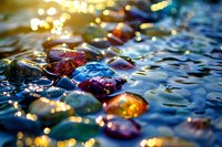 Colorful wet pebbles and stones with golden sunlight reflections on rippling water surface creating magical bokeh effect and dreamy atmosphere.