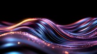 Glowing wavy lines with sparkles in blue, purple and orange colors flow smoothly across dark background creating dynamic abstract pattern.