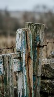 Weathered wooden fence posts with peeling paint and barbed wire in rural countryside setting with blurred background for rustic farm boundary concepts.
