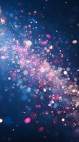 Magical glowing particles and bokeh lights creating ethereal path against deep blue background, pink and white sparkles floating in dark space.