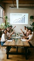 Diverse business team celebrating quarterly growth success in modern office with plants and growth chart presentation during strategy meeting.