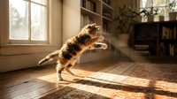 Playful puppy jumping indoors with sunlight streaming through window, wooden floor and bookshelves in background, perfect for pet lifestyle and home decor projects.