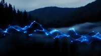 Glowing blue light trail streaks across dark mountain landscape at dusk, creating luminous energy effect against silhouetted forest and misty peaks.