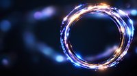 Glowing energy circle with blue and orange light effects on dark background, abstract magical portal ring with lens flare and bokeh elements.