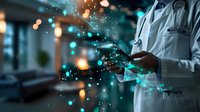 Medical professional in white coat using smartphone with glowing blue digital particles and light effects emerging from screen in modern hospital setting.