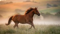 Majestic brown horse galloping through misty meadow at golden sunset with dramatic sky and flowing mane in motion across grassland field.