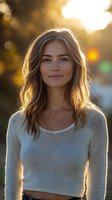 Young Caucasian woman with brown hair smiling at sunset, wearing white sweater. Natural backlit portrait with golden hour lighting and bokeh background creates warm atmosphere.