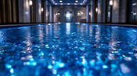 Luxurious indoor swimming pool with glowing blue water reflecting ceiling lights, creating a serene and mysterious atmosphere in modern wellness center.