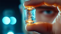 Hand holding glowing glass vial with luminescent particles in laboratory setting for scientific research and biotechnology applications.