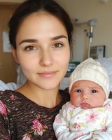Young mother holding newborn baby in hospital room, intimate portrait showing tender maternal bond. Natural lighting highlights gentle expressions and soft knit hat.