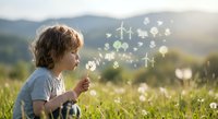 Young child blowing dandelion seeds with renewable energy icons floating in mountain landscape at sunset representing sustainable future and environmental hope.