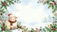 Festive sheep character wearing red Santa hat and scarf surrounded by evergreen branches, holly berries, pinecones, and winter landscape background. Isolated design element for holiday greeting cards, seasonal marketing materials, and festive decorations.