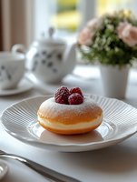 Fresh cream-filled donut topped with raspberries and powdered sugar on elegant glass plate. Afternoon tea setting with teapot and flowers in background.