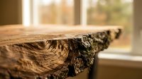 Rustic live edge wood slab table surface with natural bark detail near bright window, showcasing organic grain patterns for interior design projects.