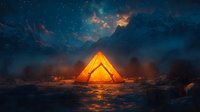 Glowing tent illuminated from within against dramatic night sky with stars and clouds, creating warm light reflection on snowy mountain landscape at dusk.