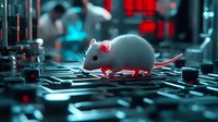 White laboratory mouse with glowing red eyes on computer motherboard in futuristic cyberpunk setting with red and blue lighting for science and technology concepts.
