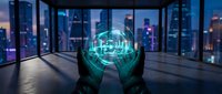 Hands holding glowing digital globe with circuit patterns in modern office overlooking city skyline at dusk, representing global technology, connectivity, and business innovation.