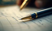 Elegant fountain pen with gold accents resting on handwritten document, symbolizing business correspondence, legal contracts, and professional writing.
