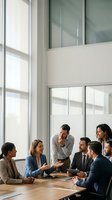 Diverse business team collaborating in modern conference room with natural light streaming through large windows during corporate meeting.